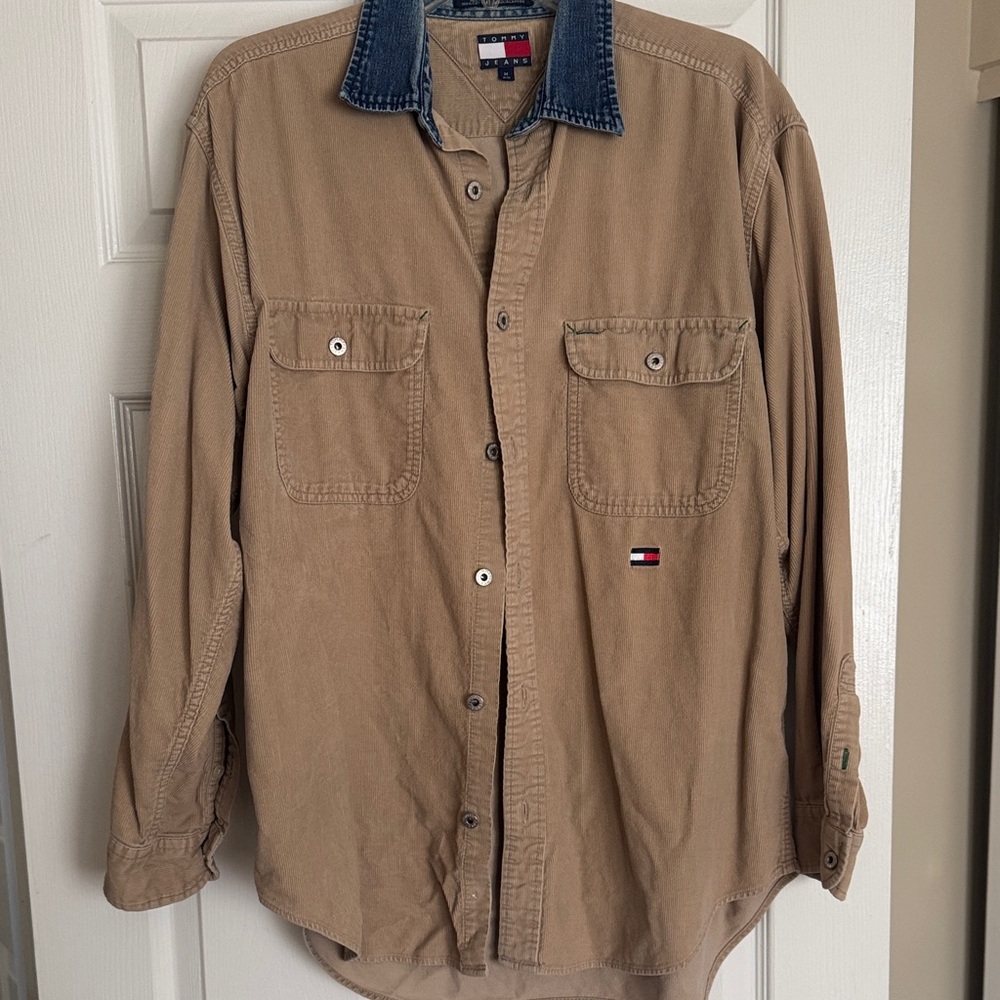Tommy Hilfiger Brown Shirt with Blue Denim Collar